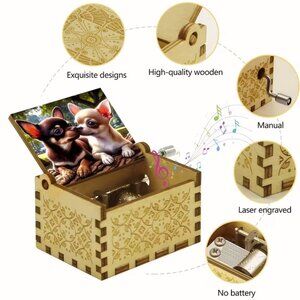 Retro Wooden Hand Cranked Music Box with Two Chihuahua Dogs Love Scene Heartfelt